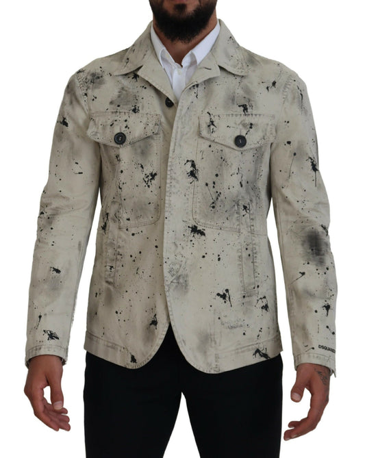 Dsquared² – Lässige Jeansjacke in Off-White mit schwarzem Splash-Print