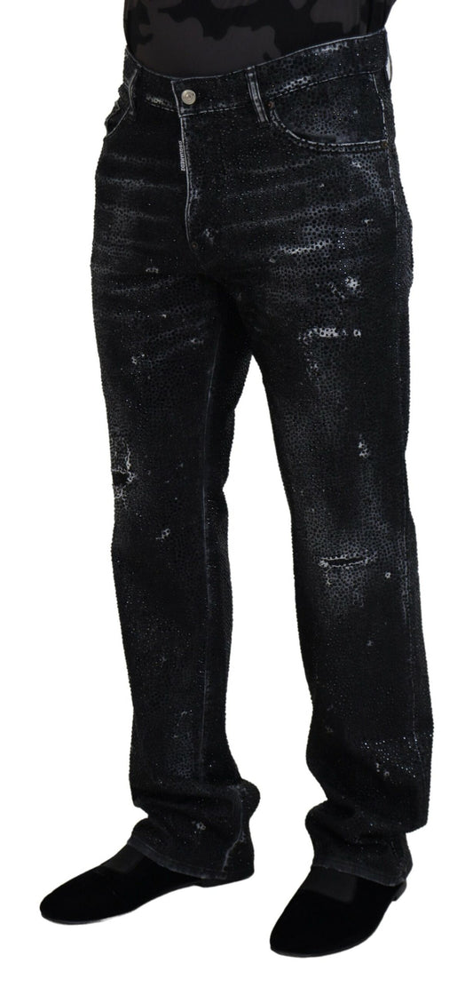 Dsquared² Schwarze, zerfetzte Jeans aus Denim mit Kristallverzierung