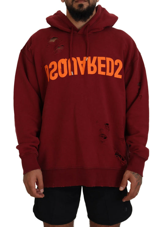 Dsquared² Kastanienbrauner, zerfetzter Pullover mit Kapuze und Aufdruck aus Baumwolle