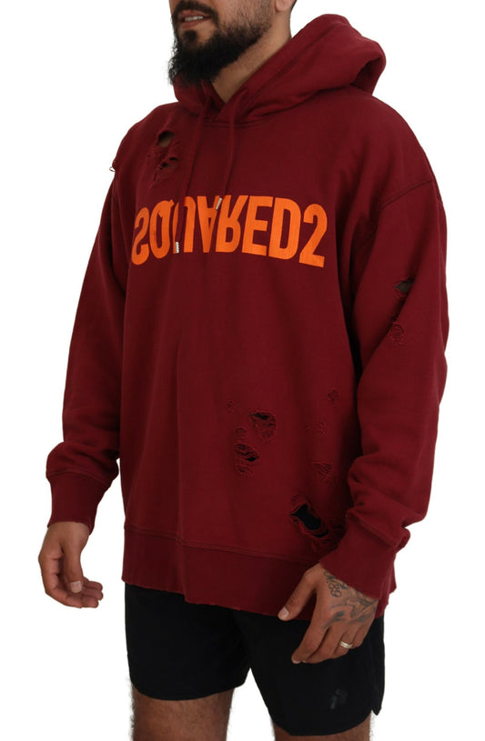 Dsquared² Kastanienbrauner, zerfetzter Pullover mit Kapuze und Aufdruck aus Baumwolle
