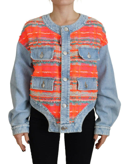 Dsquared² – Jeansjacke mit Einsätzen und Knopfleiste vorne in Orange und Blau