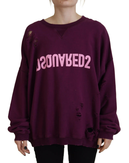 Dsquared² Lilafarbener, langärmliger Pullover aus Baumwolle mit Distressed-Print