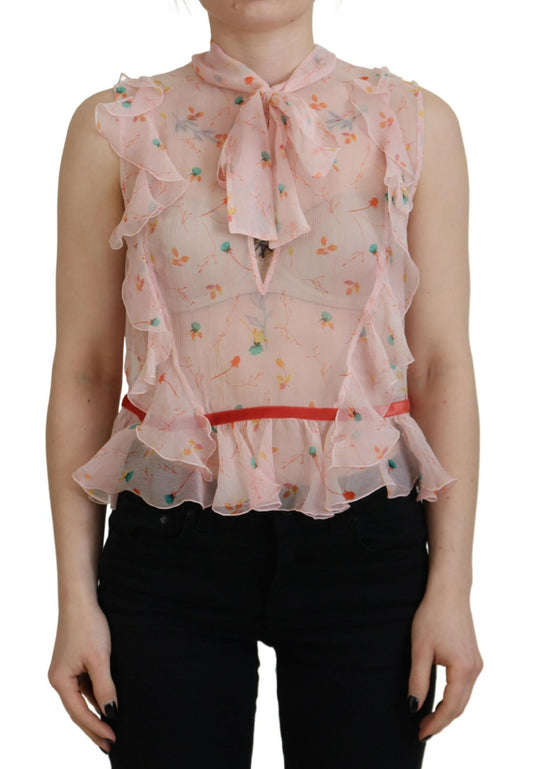 Dsquared² – Ärmelloses Seidentop mit Ascot-Kragen und Blumenmuster in Rosa