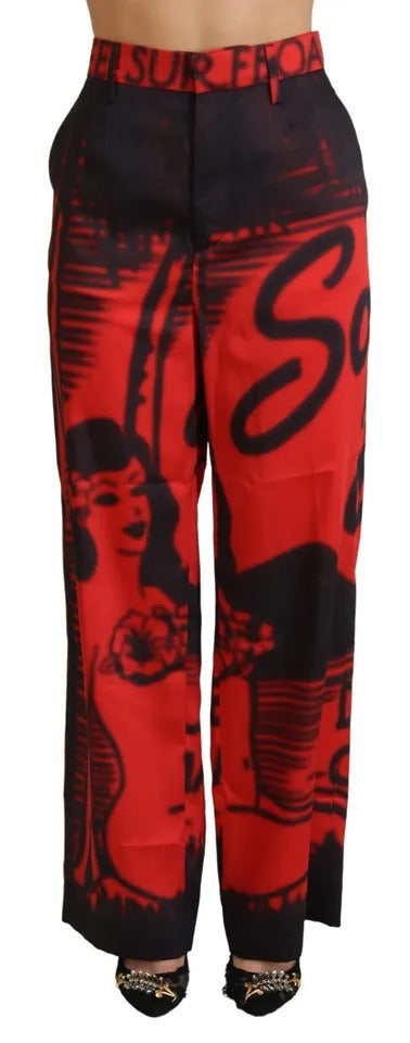 Dsquared² – Rote, bedruckte, gerade Hose mit hoher Taille
