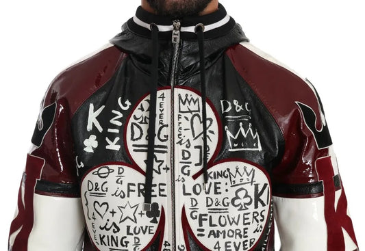 Dolce & Gabbana – DG King of Love – Schwarze, bordeauxrote Lederjacke mit Kapuze
