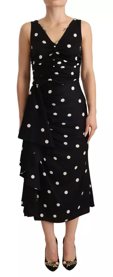 Dolce & Gabbana – Schwarzes Midi-Etuikleid aus Seide mit V-Ausschnitt und Polka Dots