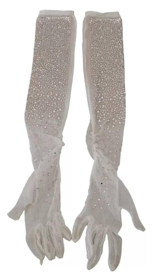Dolce & Gabbana – Ellenbogenlange Handschuhe aus Baumwolltüll in Weiß mit Kristallen