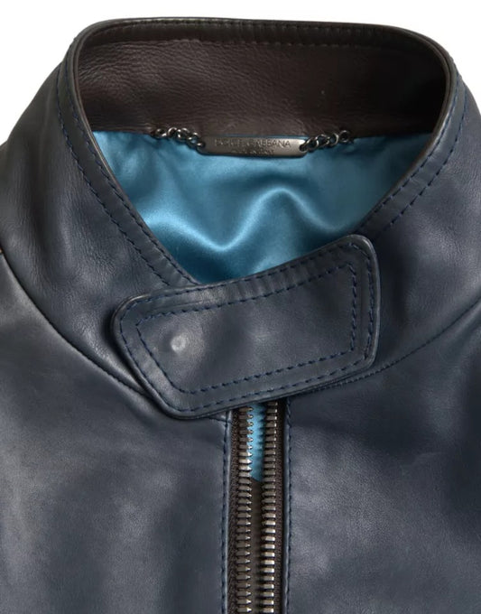 Dolce & Gabbana – Blaue Biker-Blousonjacke aus Leder mit durchgehendem Reißverschluss