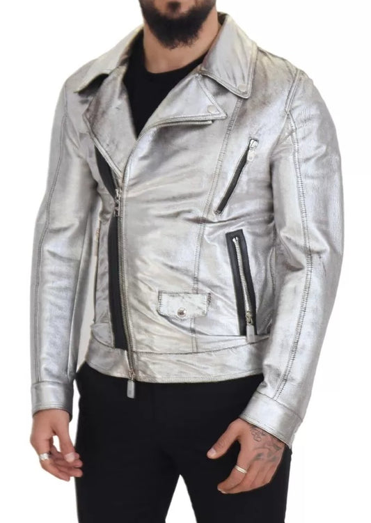 Dolce & Gabbana Silberner Leder-Bikermantel Lammfelljacke