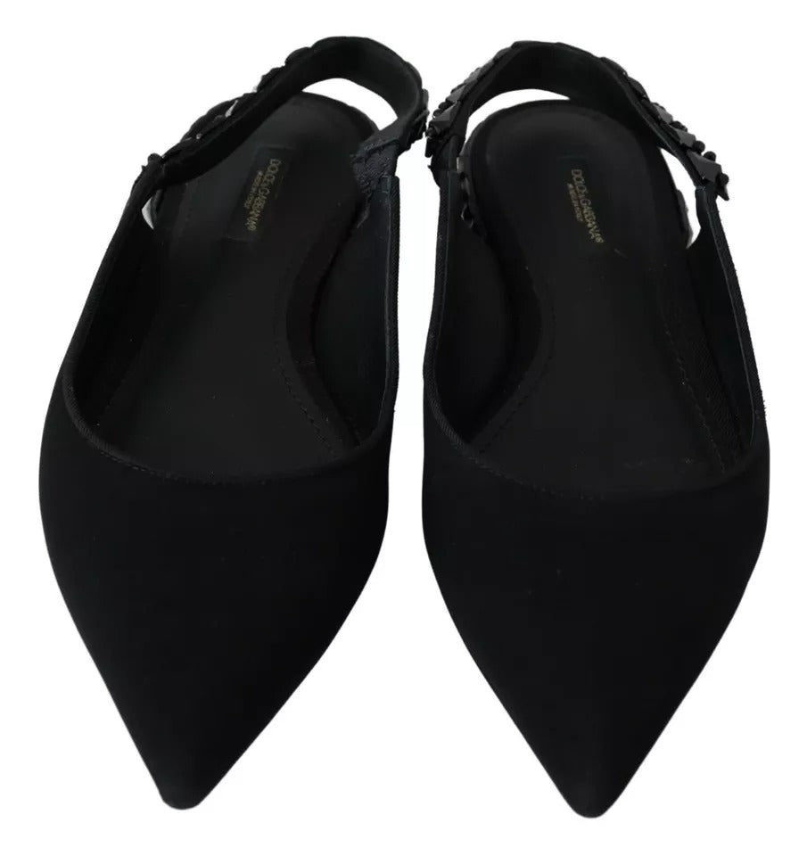 Dolce & Gabbana – Schwarze flache Slingback-Schuhe aus Charmeuse mit Kristallen