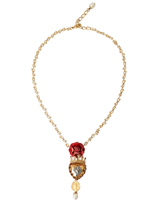 Dolce & Gabbana – Halskette mit Rosen- und Kristallanhänger „Sacred Heart“ aus goldener Messingkette