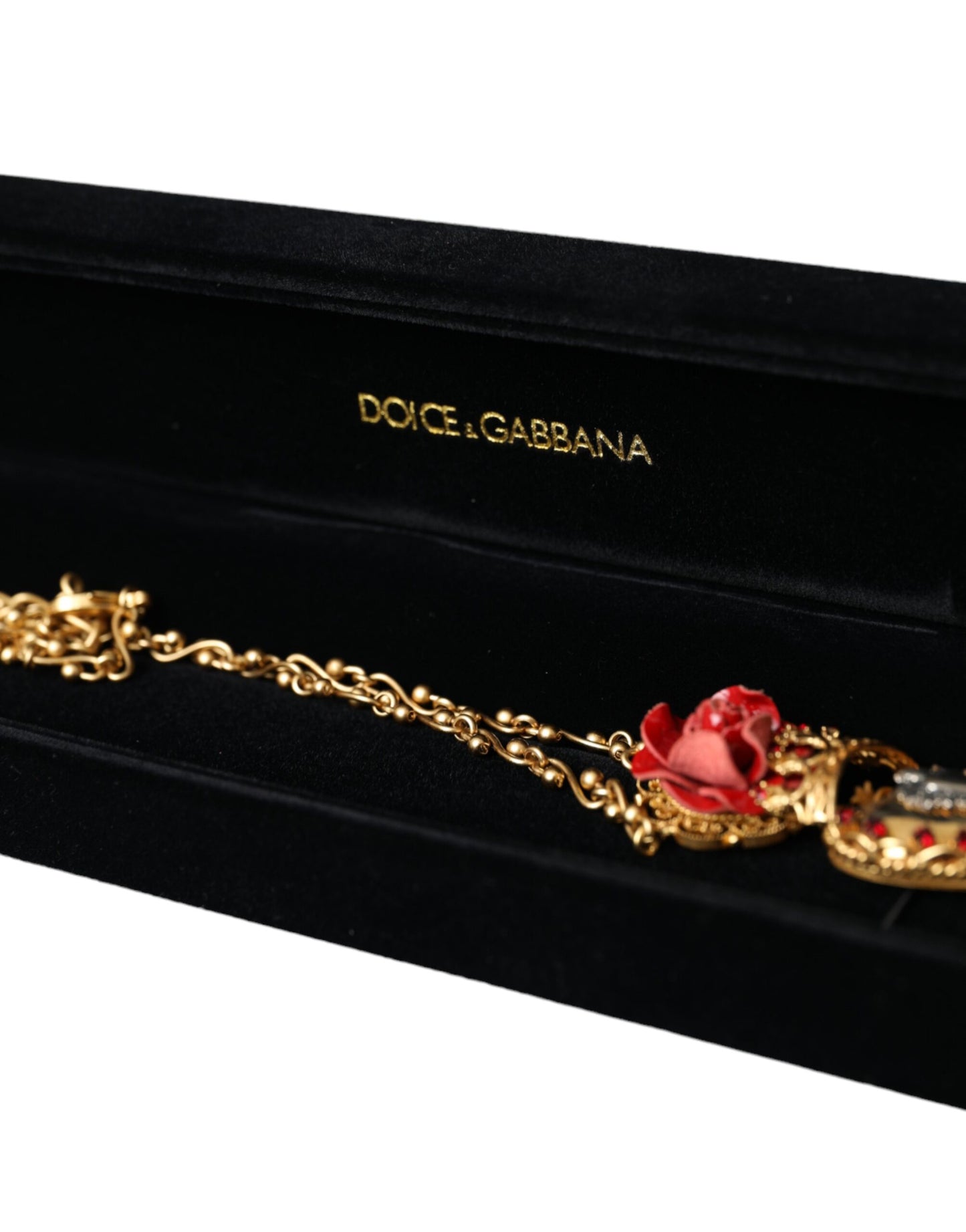 Dolce & Gabbana – Halskette mit Rosen- und Kristallanhänger „Sacred Heart“ aus goldener Messingkette