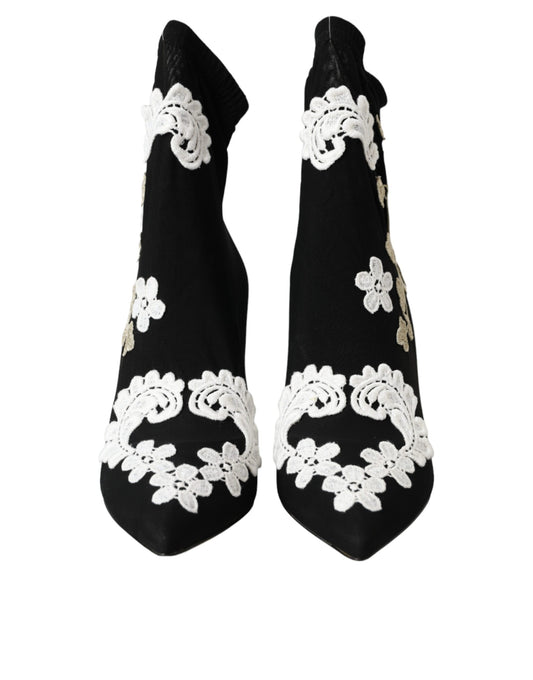 Dolce & Gabbana – Slipper-Stiefel mit Stickerei in Schwarz und Weiß
