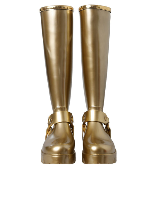 Dolce & Gabbana Metallic Gold Gummi PVC Regenstiefel Schuhe