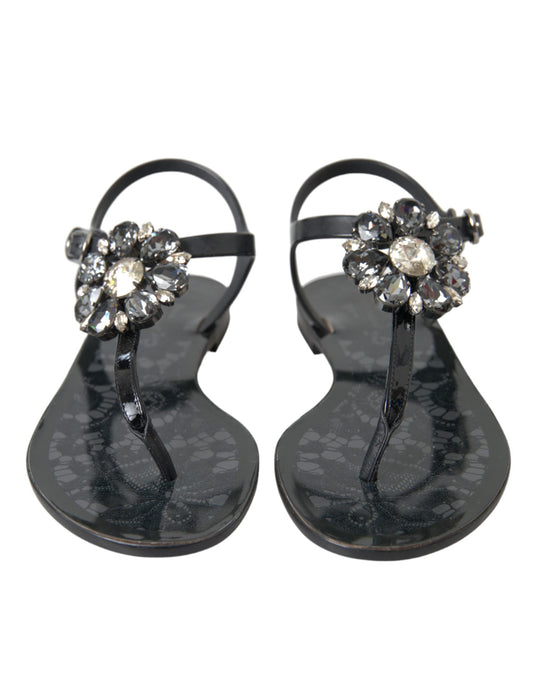Dolce & Gabbana Schwarze Kristall-Flats-Sandalen-Flip-Flops-Schuhe