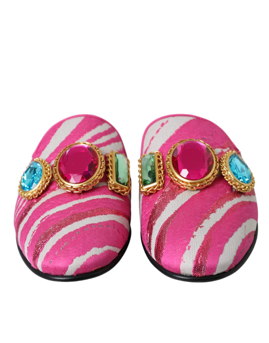 Dolce & Gabbana – Flache Pantoletten mit Jacquard-Kristallen in Rosa