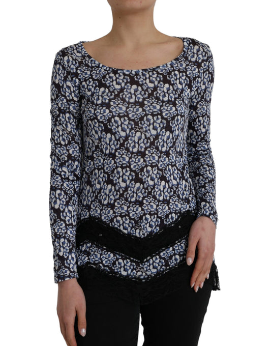 Just Cavalli – Blaue Bluse mit Blumenspitze und langen Ärmeln