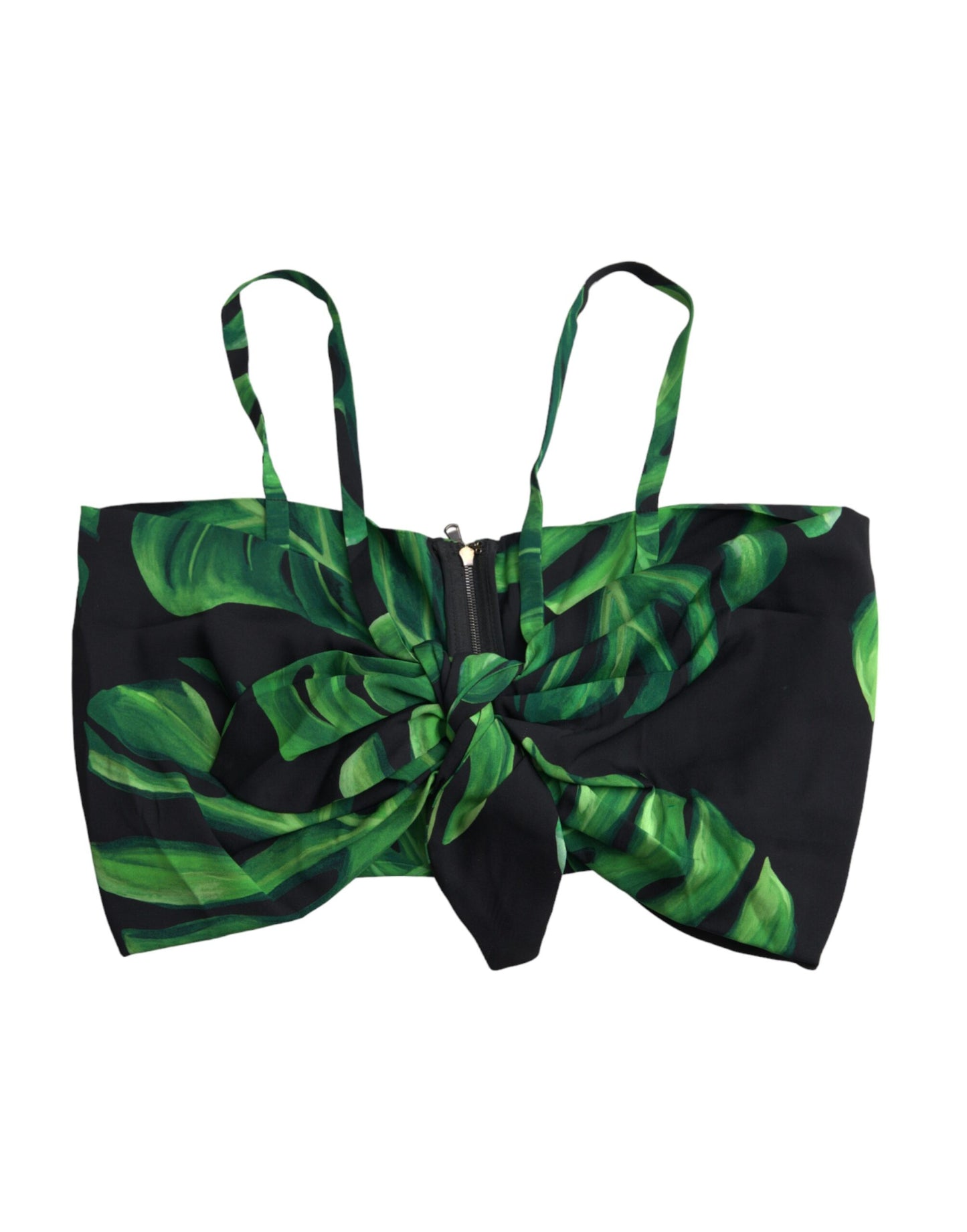 Dolce & Gabbana – Neckholder-Crop-Top aus Seide mit schwarzen und grünen Blättern