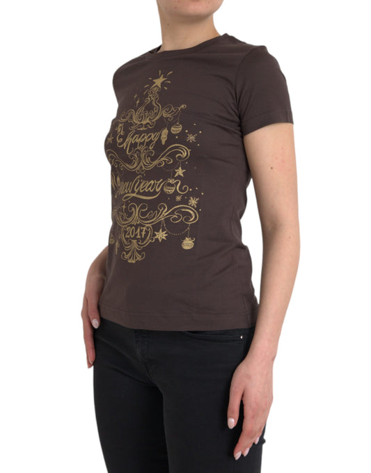 تيشيرت دولتشي آند غابانا بني بياقة دائرية وطبعة موتيف 2017