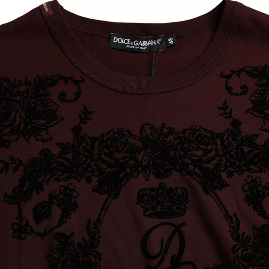 Dolce & Gabbana – Kastanienbraunes T-Shirt mit Rundhalsausschnitt und Blumenmuster in Kronenform für Herren