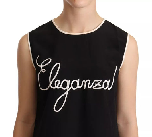 Dolce & Gabbana Schwarzes ärmelloses Seiden-Tanktop mit Eleganza-Print
