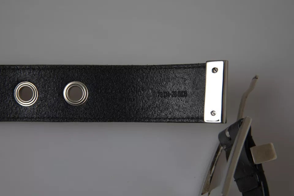 Dolce & Gabbana Gürtel aus schwarzem Leder mit beigefarbenem Riemen und silberner Metallschnalle