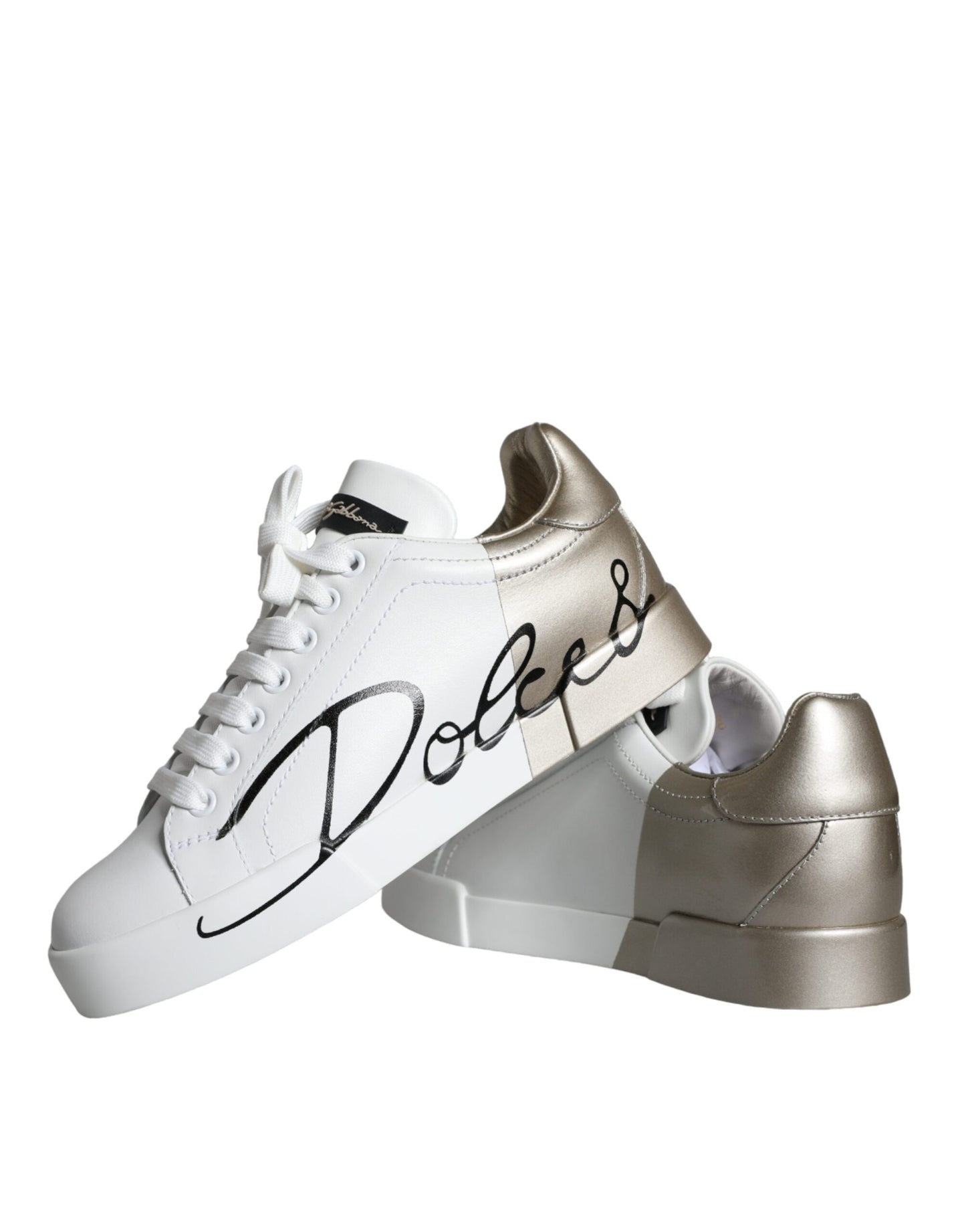 Dolce & Gabbana Weißgold Portofino Low Top Leder Sneakers Schuhe