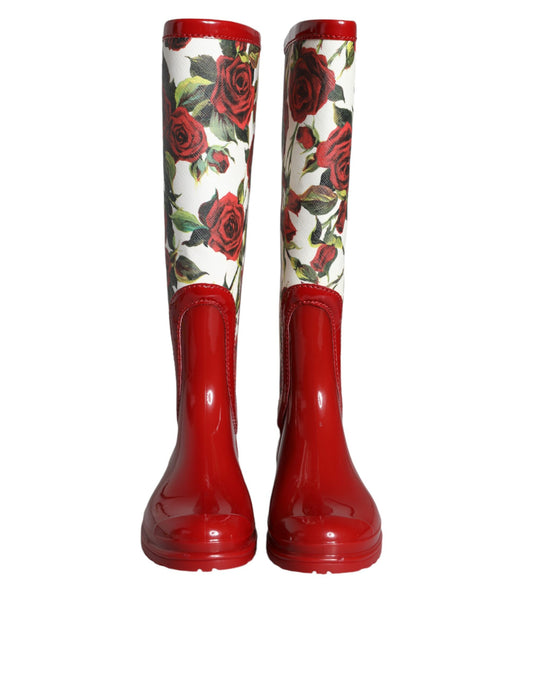 Dolce & Gabbana Rote, florale Gummistiefel mit kniehohen, flachen Schuhen