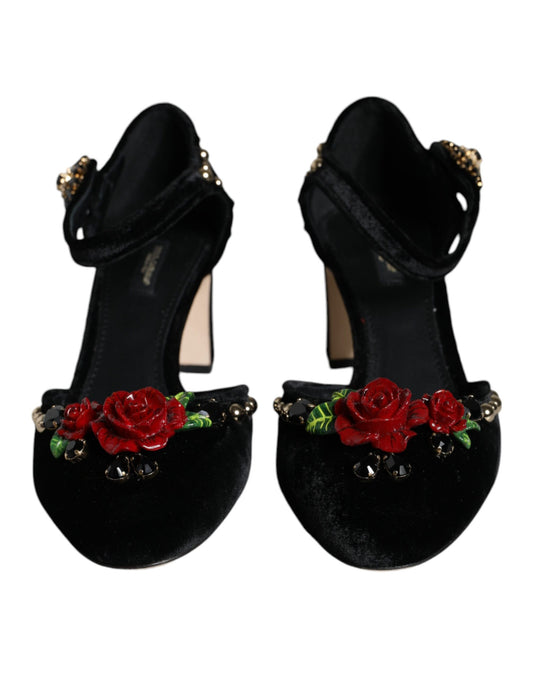 Dolce & Gabbana – Pumps mit Knöchelriemen und Rosenmuster in Schwarz