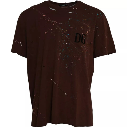 Dolce & Gabbana Braunes T-Shirt aus Baumwolle mit Farbspritzern und Rundhalsausschnitt