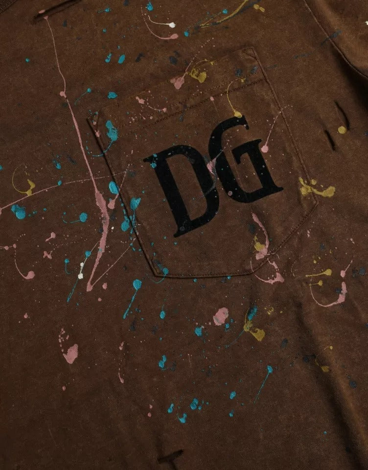 Dolce & Gabbana Braunes T-Shirt aus Baumwolle mit Farbspritzern und Rundhalsausschnitt
