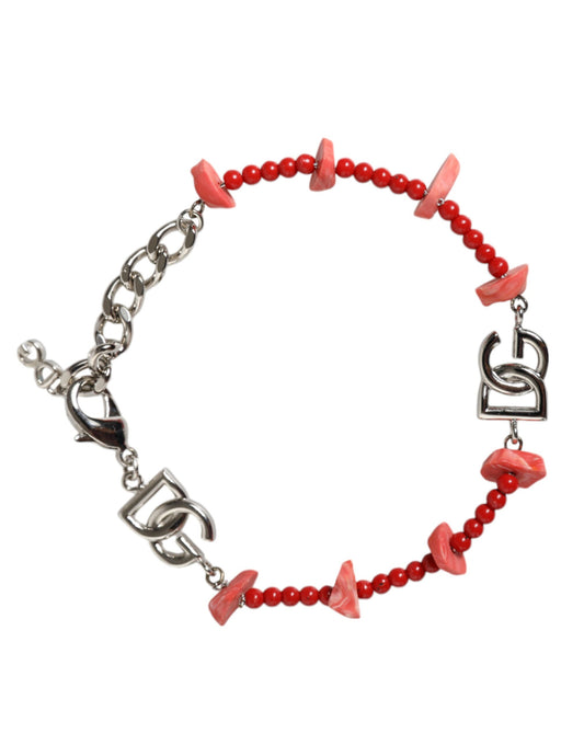 Dolce & Gabbana – Silberfarbenes Kettenarmband mit DG-Logo aus Messing und Harzperlen