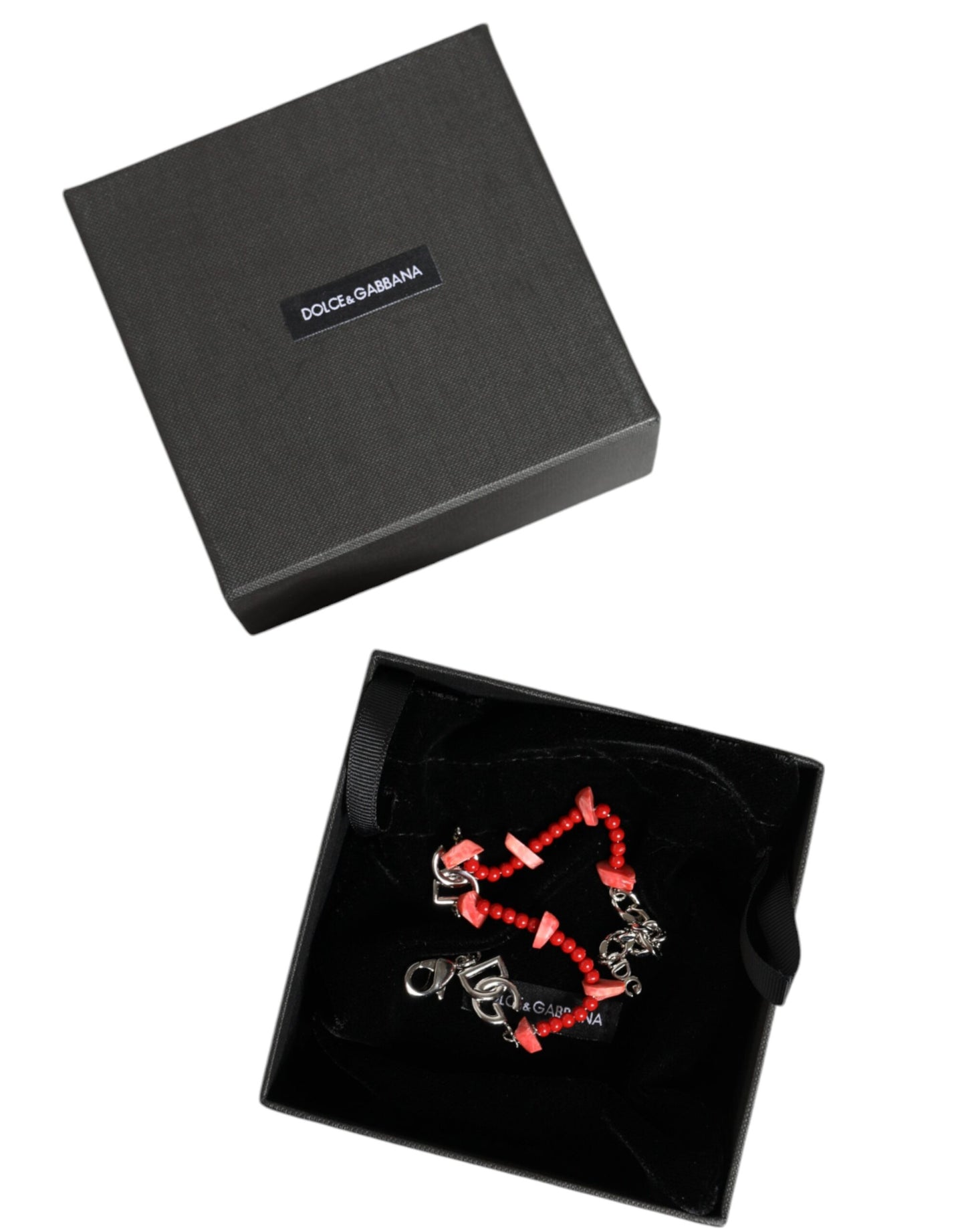 Dolce & Gabbana – Silberfarbenes Kettenarmband mit DG-Logo aus Messing und Harzperlen