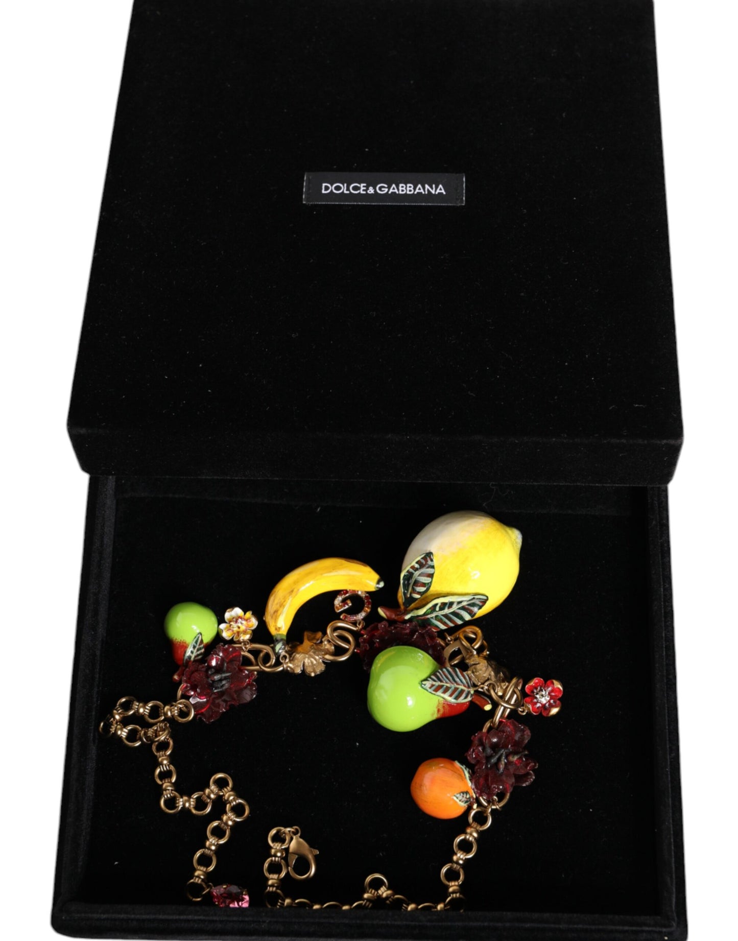 Dolce & Gabbana Halskette mit Fruchtanhängern und Blumen und Kristalllogo aus goldenem Messing