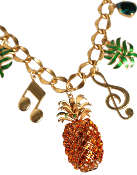 Dolce & Gabbana – Goldfarbene Messingkette mit Ananas-Kristall und Musik-Anhänger