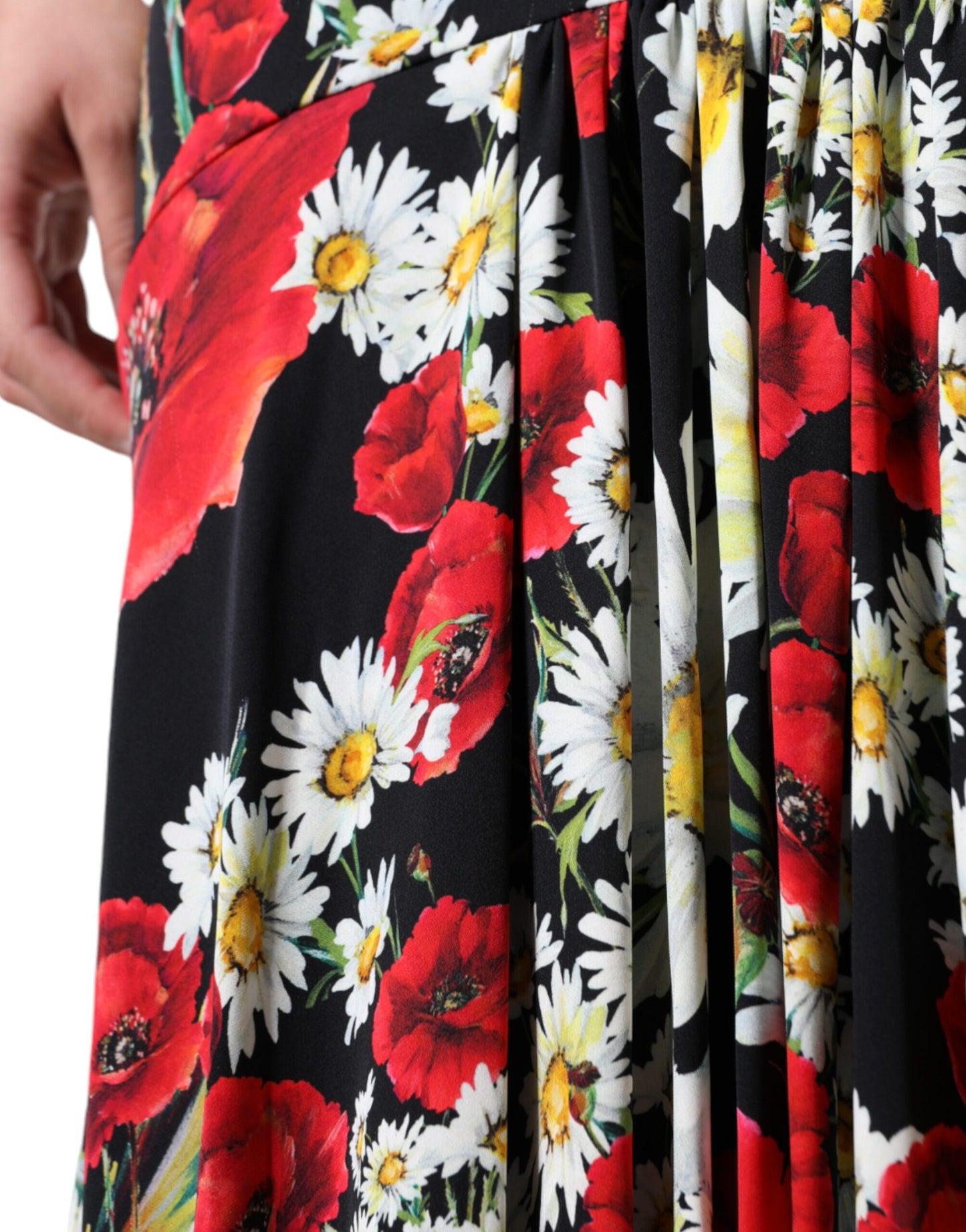 Dolce & Gabbana – Langes, ärmelloses Seidenkleid mit Blumenmuster in Schwarz