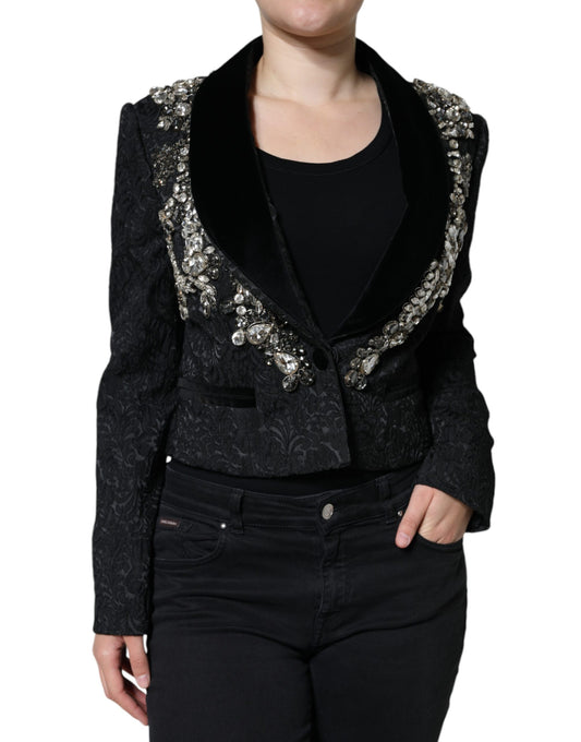 Dolce & Gabbana – Schwarzer Jacquard-Blazer mit Kristallblumenmuster
