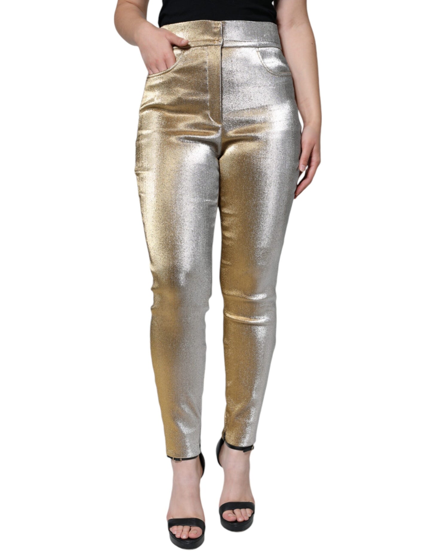 Dolce & Gabbana – Enge Hose mit hoher Taille in Metallic-Gold