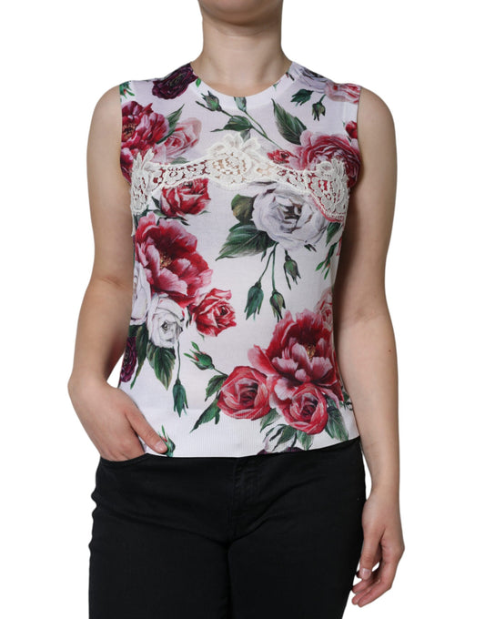 Dolce & Gabbana Weißes ärmelloses Seiden-Tanktop mit Blumenspitze