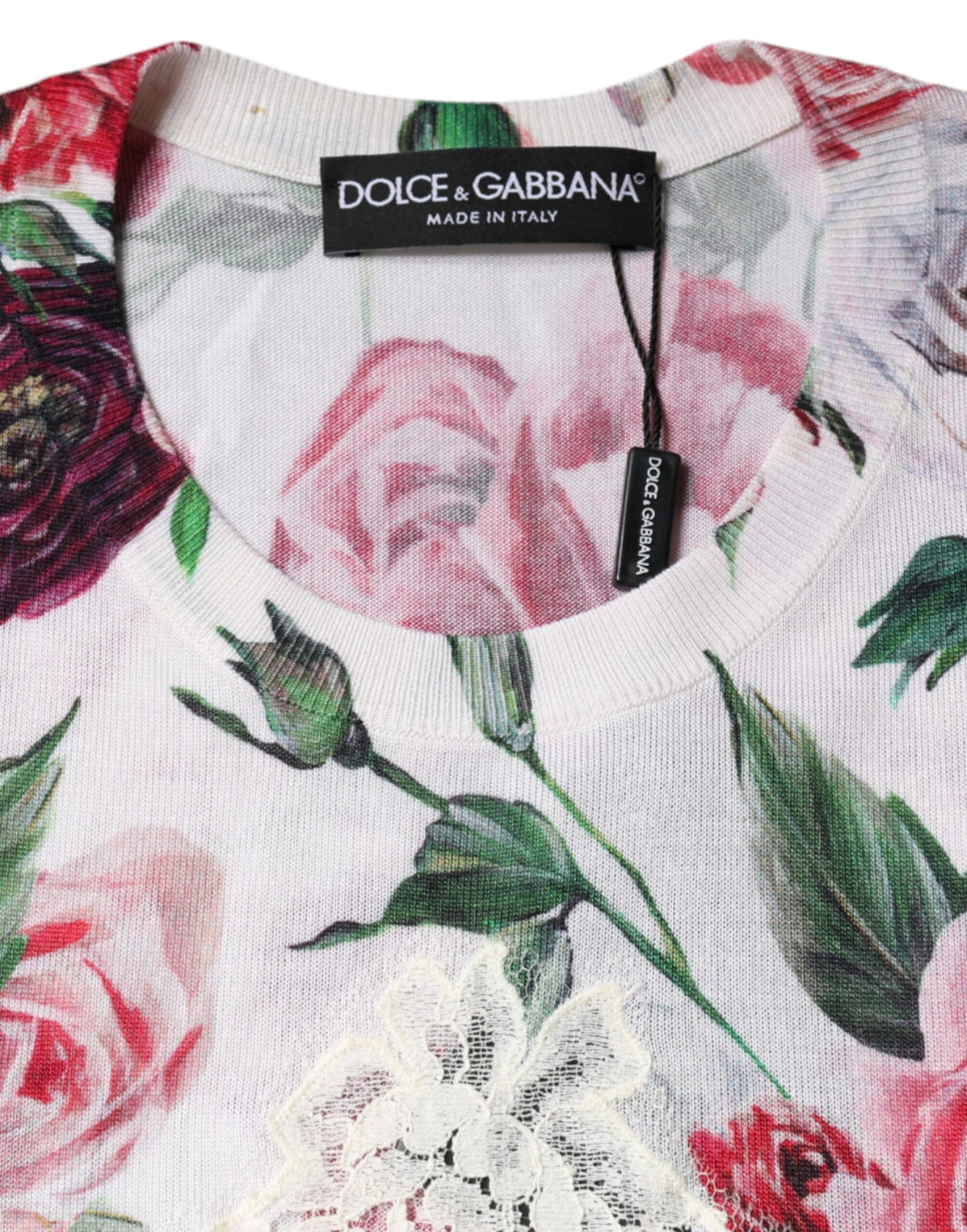 Dolce & Gabbana Weißes ärmelloses Seiden-Tanktop mit Blumenspitze
