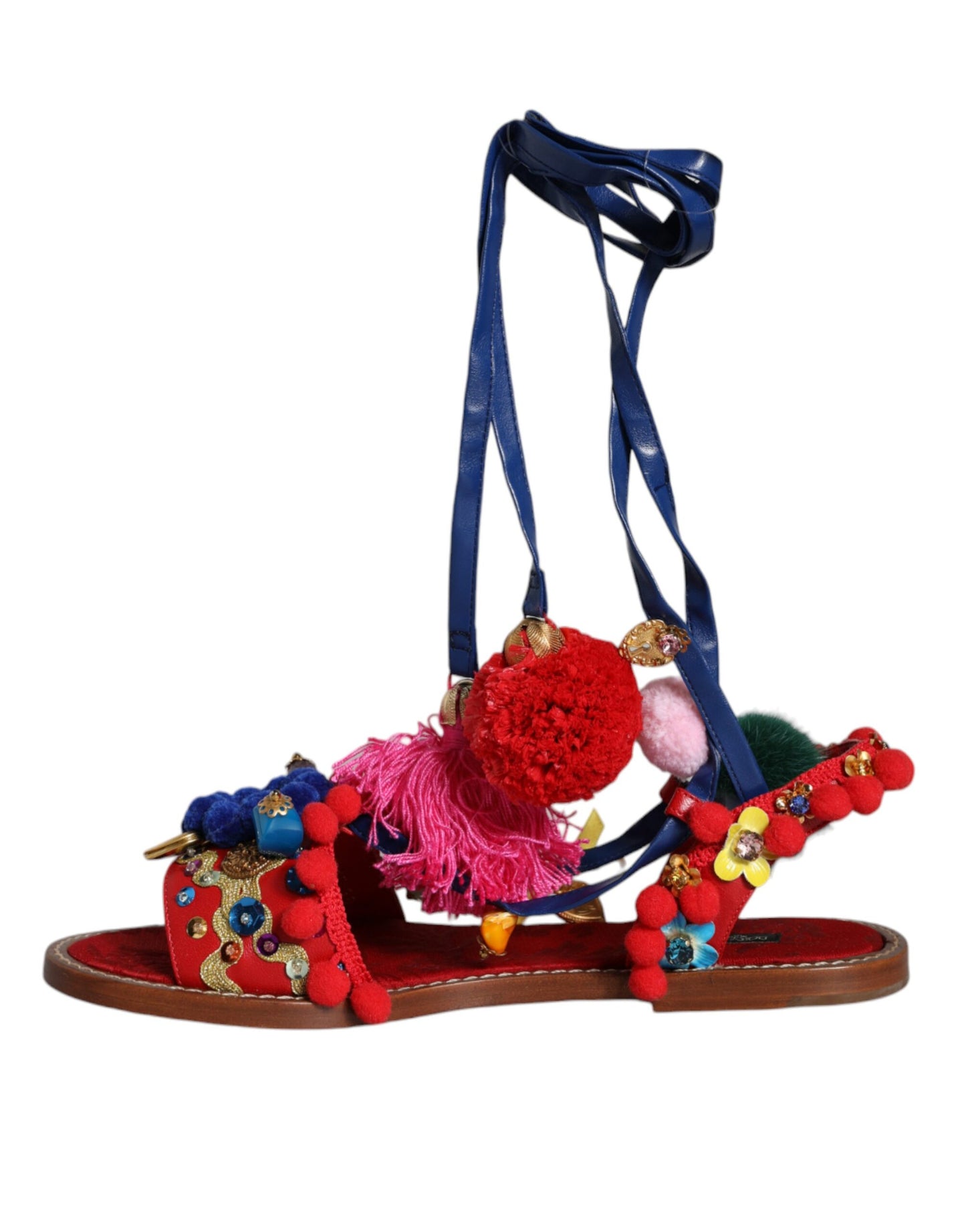 Dolce & Gabbana – Sandalen mit Fellwickel in Mehrfarbig mit Pom-Pom-Muster