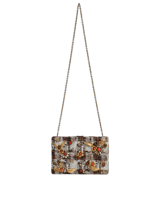 Dolce & Gabbana – Mehrfarbige Clutch-Umhängetasche aus Tweed mit Blumenmuster