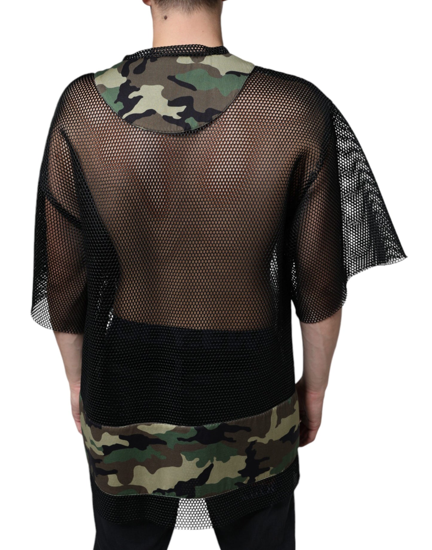 Dolce & Gabbana – Schwarzes T-Shirt mit Camouflage-Muster und kurzen Ärmeln aus Mesh