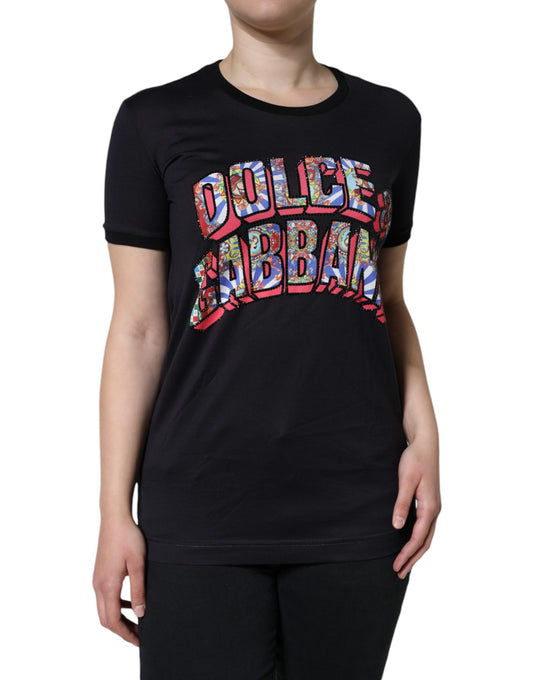 Dolce & Gabbana – Schwarzes T-Shirt mit Rundhalsausschnitt und Logo-Print aus Baumwolle