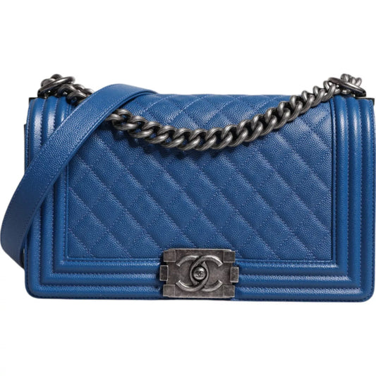 Chanel – Mittelgroße Umhängetasche aus blauem Lammleder mit Doppelkette