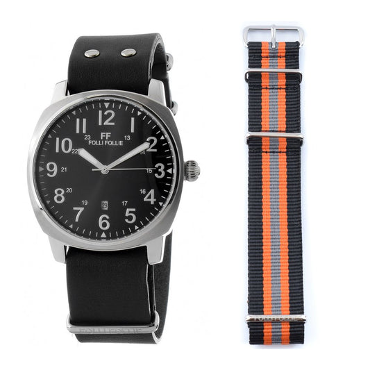 Folli Follie Schwarze Leder-Armbanduhr