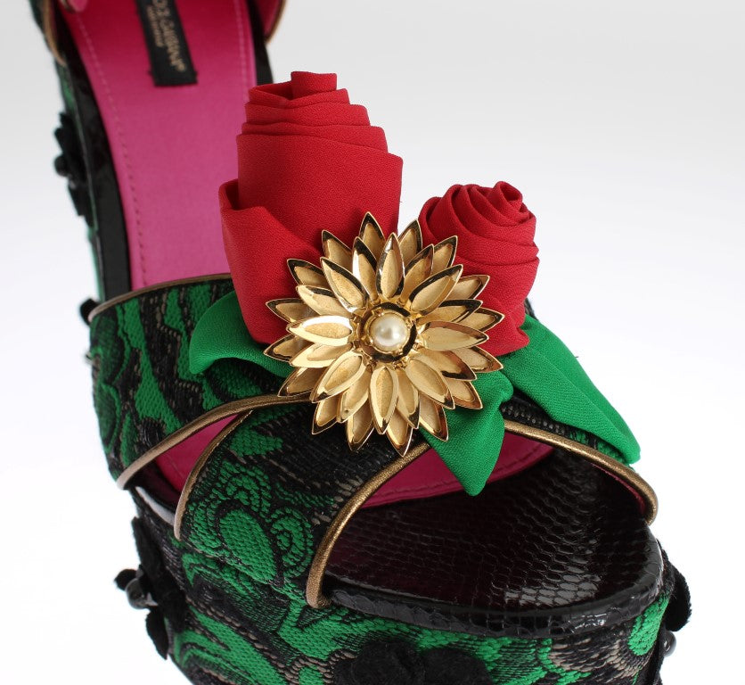 Dolce & Gabbana Grüne Brokat-Schlangenleder-Rosen-Kristallschuhe