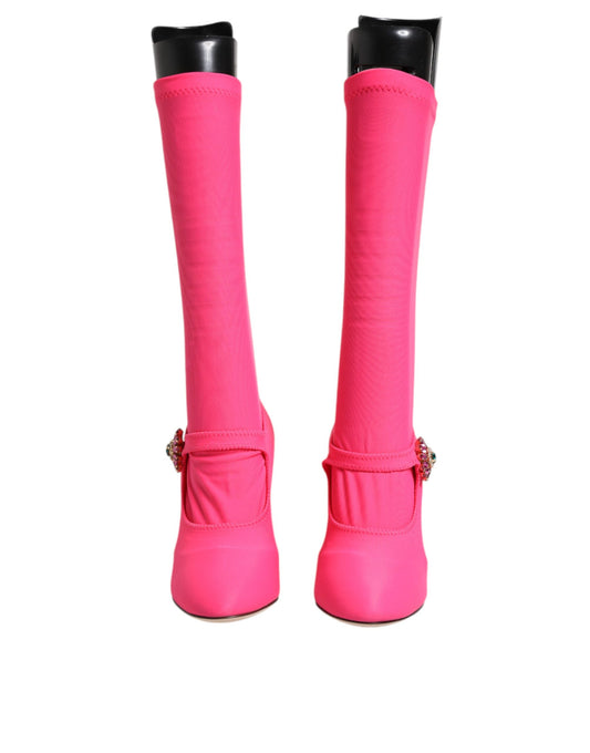 Dolce & Gabbana Pink Nylon Crystal Vally Hohe Stiefel Schuhe