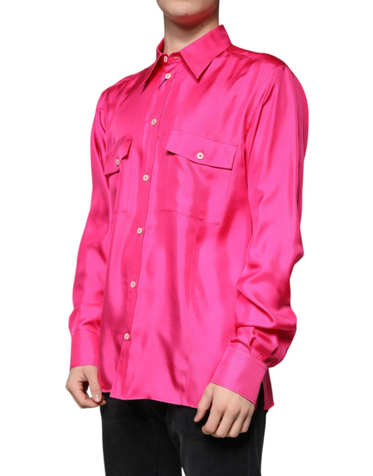 Dolce & Gabbana Herrenhemd mit Knopfleiste und Seidenkragen in Rosa