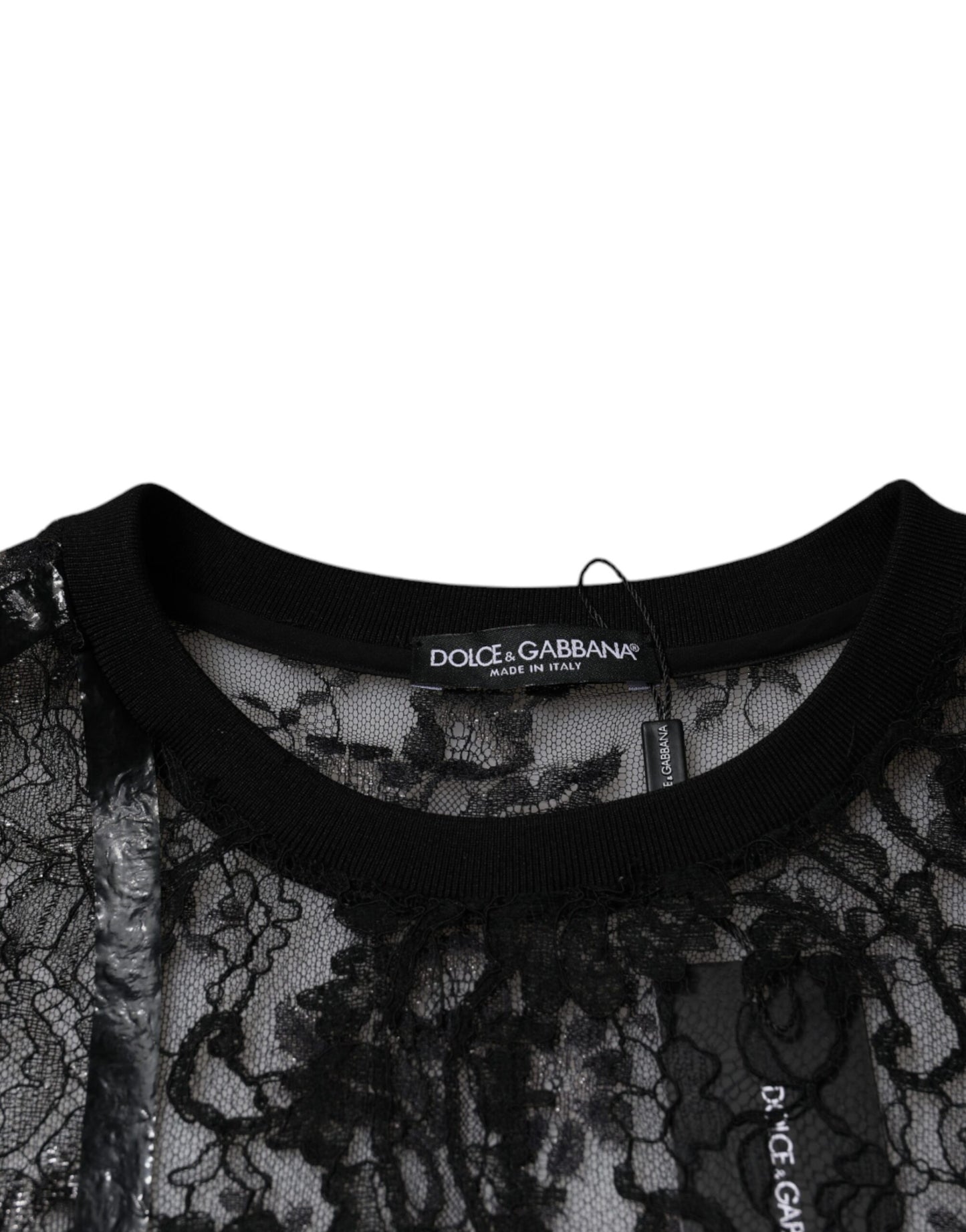 Dolce & Gabbana – Schwarzes T-Shirt mit Rundhalsausschnitt aus Nylon mit Blumenspitze